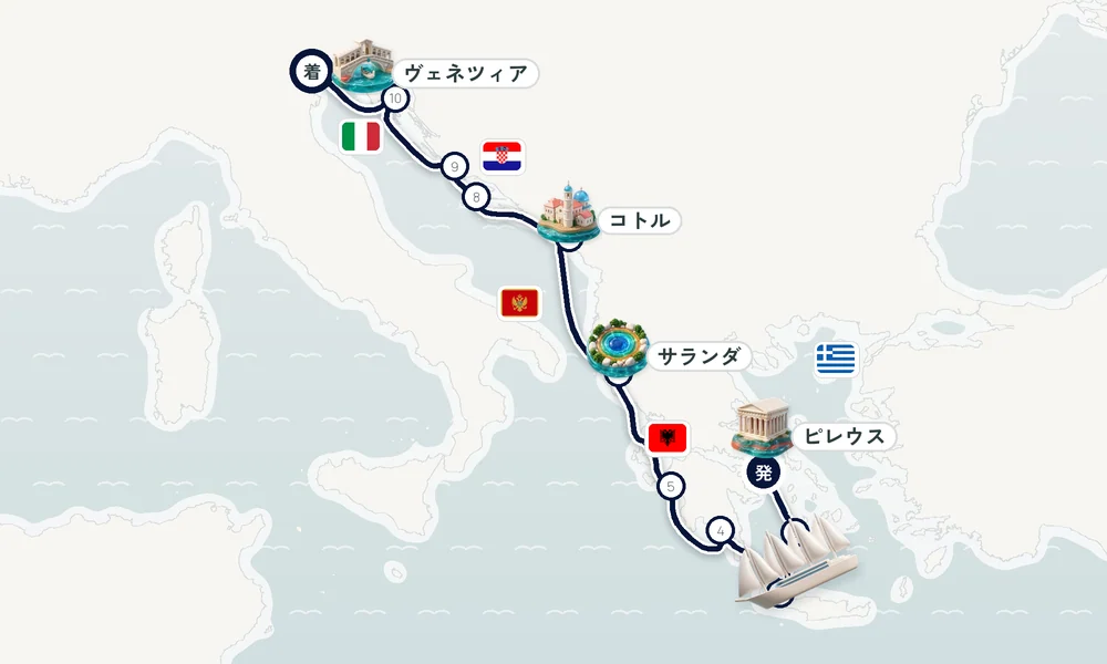 ピレウス（アテネ）発 ヴェネツィア着 ミロス島・ソウダ（クレタ島）・ギティオ 12日間の航路