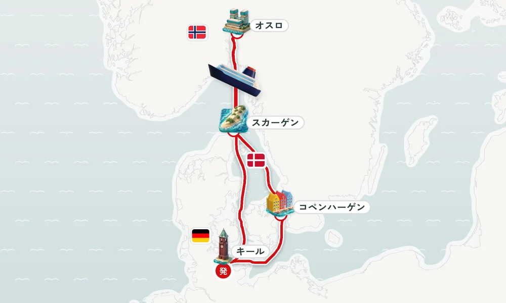 キール発着 オスロ・スカーゲン・コペンハーゲン 6日間の航路