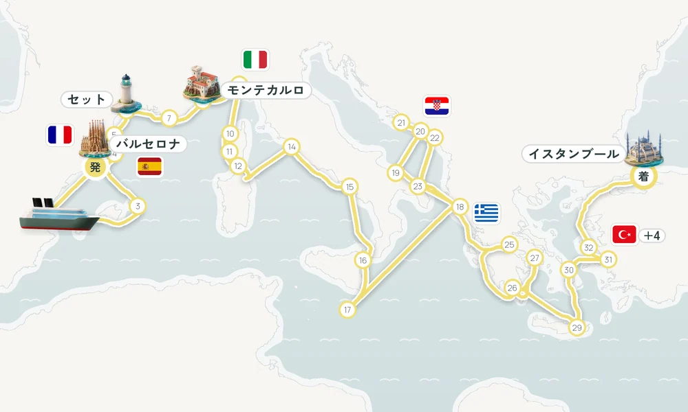 バルセロナ発 イスタンブール着 バレンシア・ポート・マオー（メノルカ島）・パラモース 38日間の航路