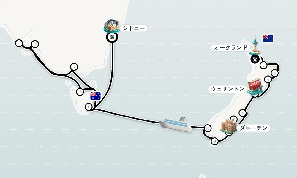 オークランド発 シドニー着 タウランガ・ギズボーン・ネーピア 25日間の航路