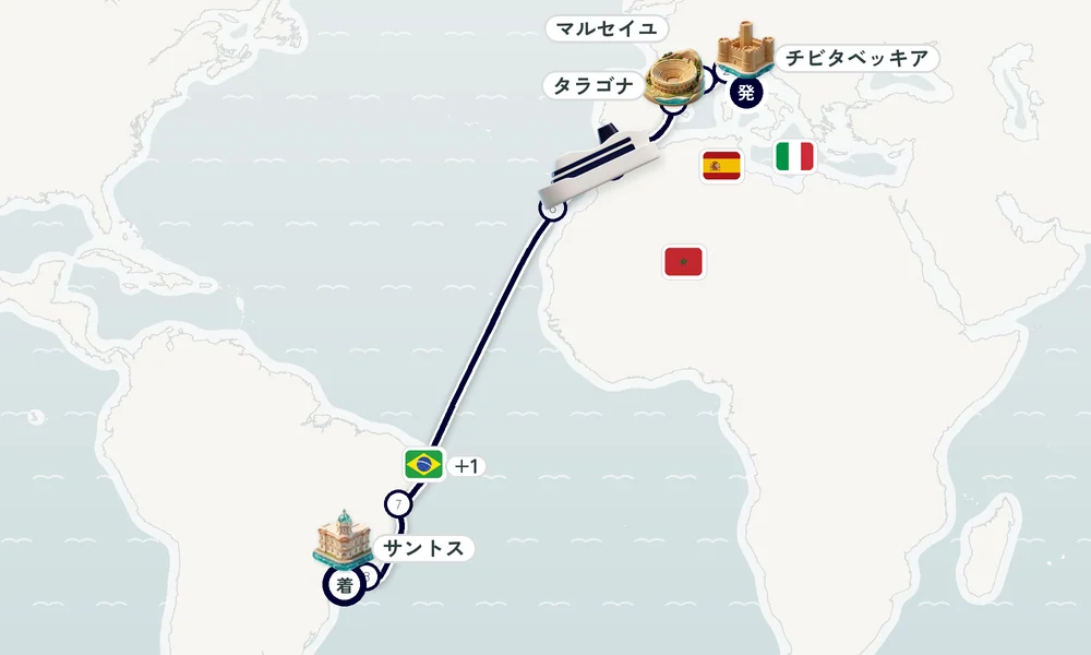 チビタベッキア（ローマ県）発 サントス（サンパウロ州）着 ジェノヴァ・マルセイユ・タラゴナ 18日間の航路