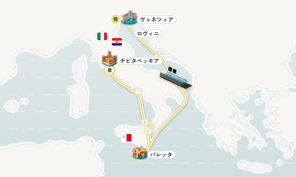 ヴェネツィア発 チビタベッキア（ローマ県）着 ロヴィニ・ヴィス島・バレッタ 9日間の航路