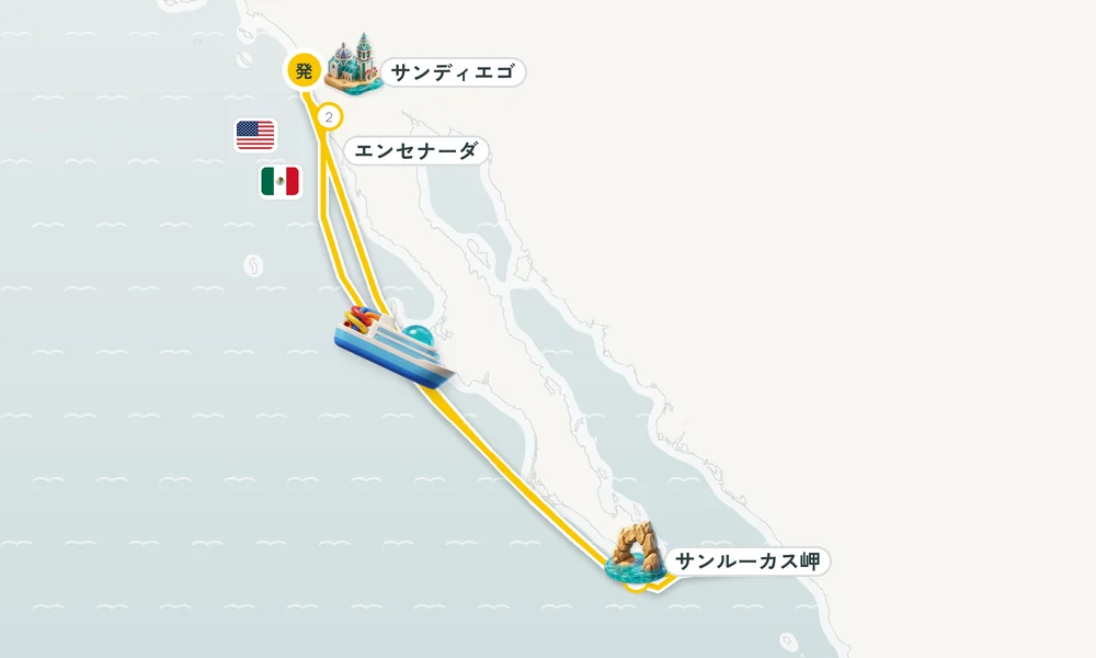 サンディエゴ（カリフォルニア）発着 エンセナーダ（バハ・カリフォルニア州）・サンルーカス岬・マサトラン・リビエラ 8日間の航路