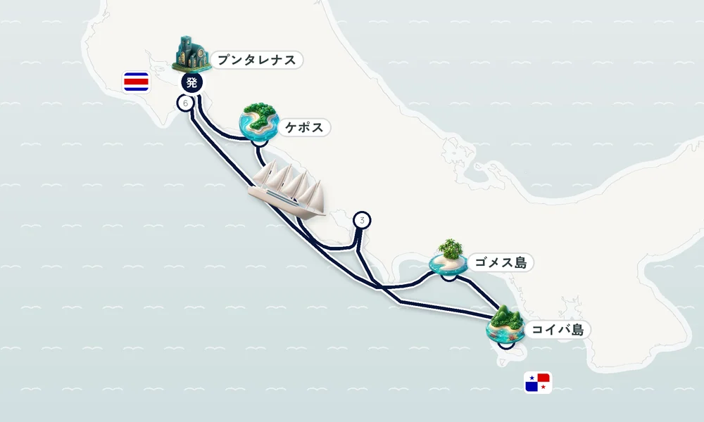 プンタレナス（プエルト・カルデラ）発着 ケポス・ゴルフィト・コイバ島 8日間の航路