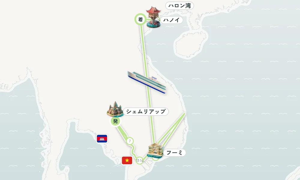シェムリアップ発 ハノイ着 トンレサップ湖・チャーン島・コンポン・トラーラック 15日間の航路