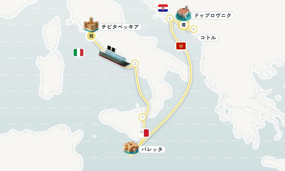 チビタベッキア（ローマ県）発 ドゥブロヴニク着 サレルノ・ジャルディーニ＝ナクソス（シチリア島）・バレッタ 8日間の航路