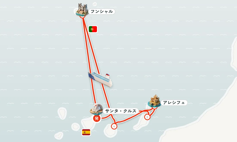 サンタ・クルス・デ・テネリフェ（テネリフェ島 / カナリア諸島）発着 プエルト・デル・ロサリオ（カナリア諸島フエルテベントゥーラ島）・アレシフェ（カナリア諸島ランサローテ島）・ラス・パルマス・デ・グラン・カナリア（カナリア諸島） 8日間の航路