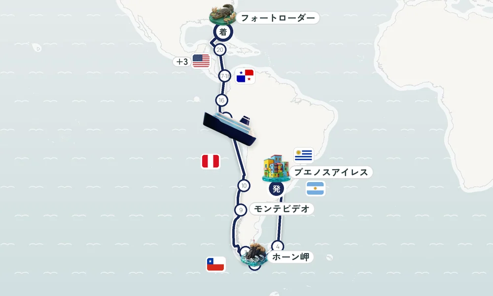 ブエノスアイレス発 フォートローダーデール（フロリダ州）着 モンテビデオ・ポート・スタンリー（東フォークランド島）・ホーン岬 32日間の航路