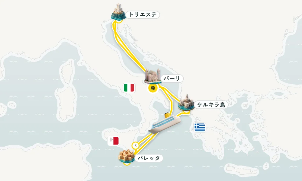 バーリ発着 ケルキラ島（コルフ島）・シラクサ（シチリア島）・バレッタ 7日間の航路