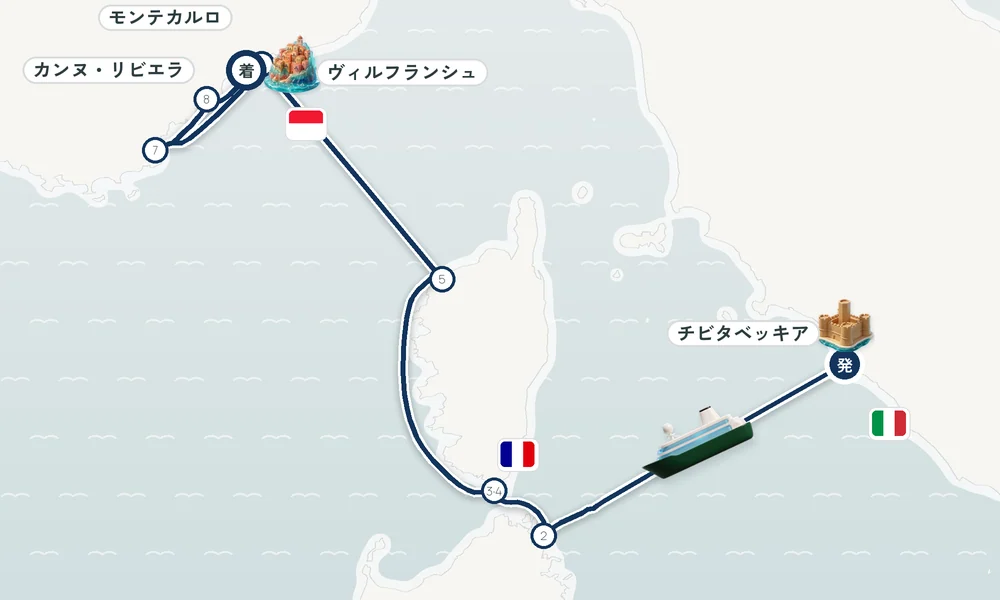 チビタベッキア（ローマ県）発 ヴィルフランシュ＝シュル＝メール（ニース・リビエラ）着 ポルト・チェルヴォ（サルデーニャ島）・ボニファシオ（コルシカ島）・カルヴィ（コルシカ島） 8日間の航路
