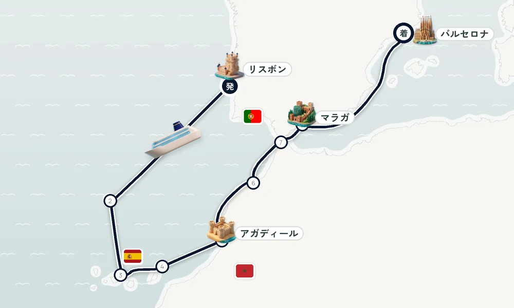 リスボン発 バルセロナ着 フンシャル（マデイラ諸島）・サンタ・クルス・デ・テネリフェ（テネリフェ島 / カナリア諸島）・アレシフェ（カナリア諸島ランサローテ島） 11日間の航路