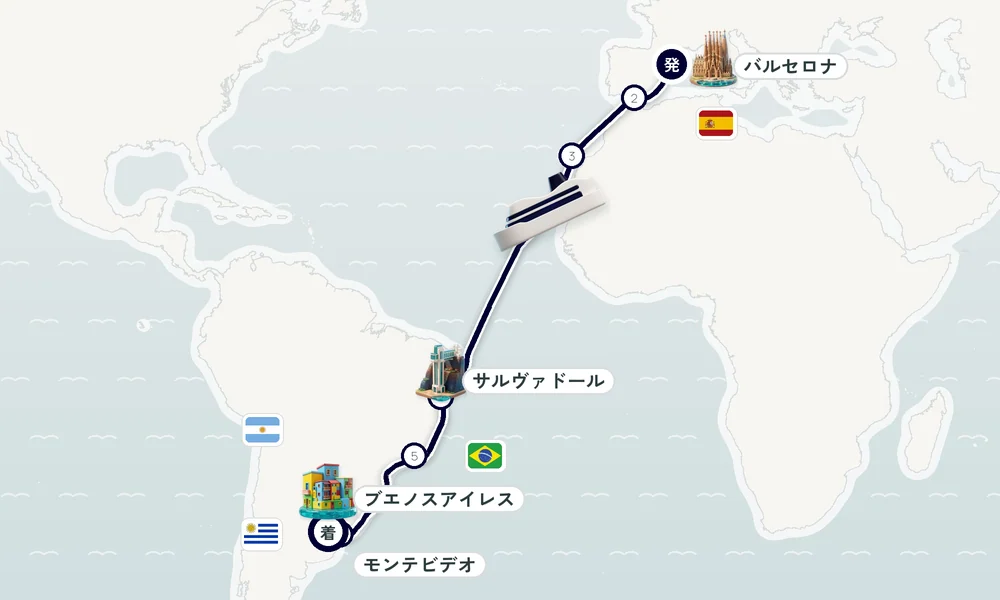 バルセロナ発 ブエノスアイレス着 マラガ・ラス・パルマス・デ・グラン・カナリア（カナリア諸島）・サルヴァドール 18日間の航路