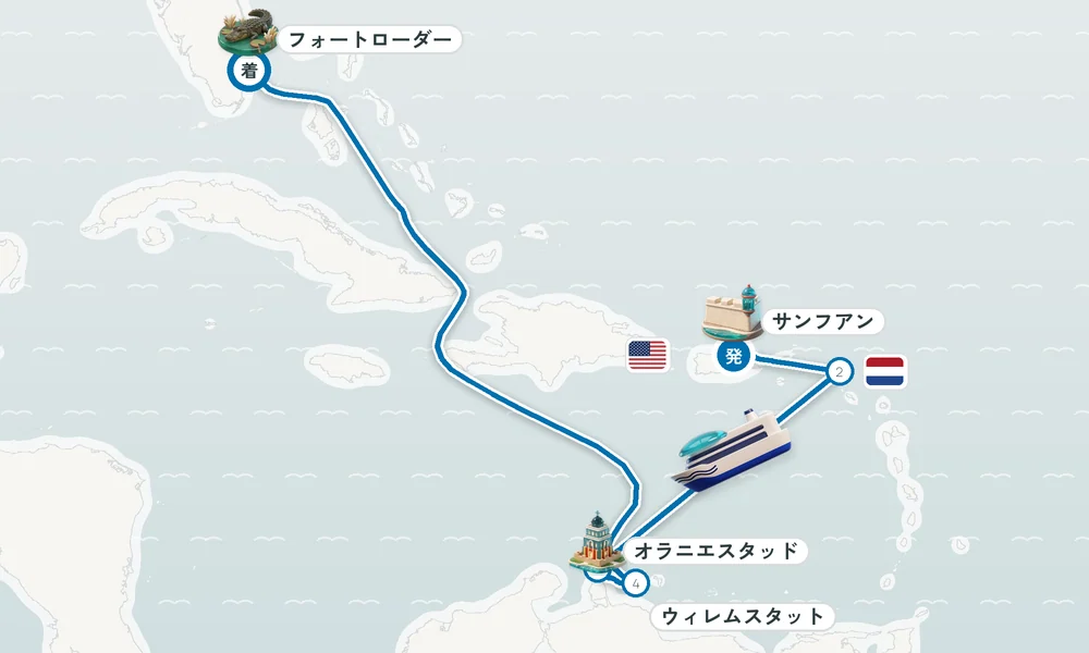 サンフアン（プエルトリコ島）発 フォートローダーデール（フロリダ州）着 フィリップスブルフ（セント・マーチン島）・オラニエスタッド（オランダ自治領アルバ島）・ウィレムスタット（キュラソー島） 8日間の航路