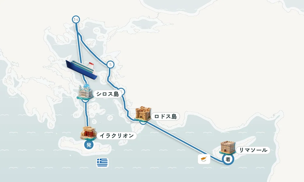 イラクリオン（クレタ島）発 リマソール着 シロス島・カヴァラ・レスボス島 12日間の航路