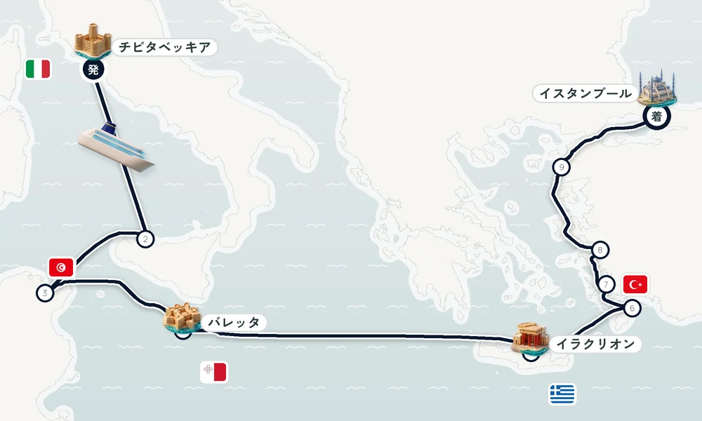 チビタベッキア（ローマ県）発 イスタンブール着 パレルモ（シチリア島）・チュニス / ラ・グレット・バレッタ 11日間の航路