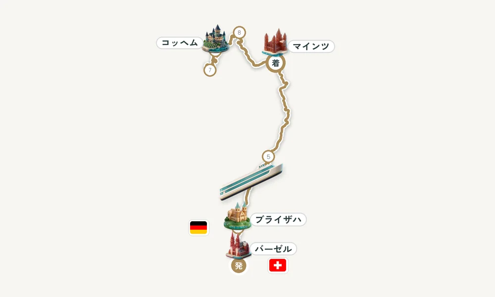 バーゼル発 マインツ着 ブライザハ・ラシュタット・コッヘム 12日間の航路