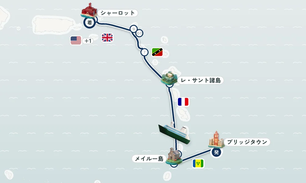 ブリッジタウン発 シャーロット・アマリー（セント・トーマス島）着 スペイツタウン（ポート・セント・チャールズ）・メイルー島（グレナディーン諸島）・ベキア島 11日間の航路